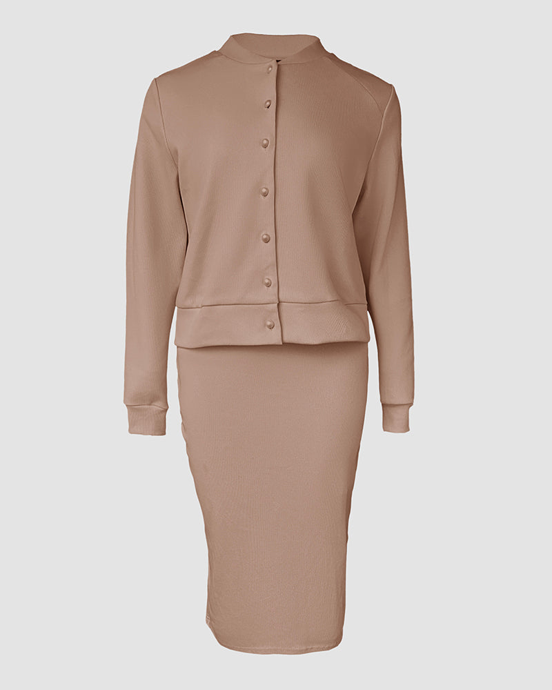2 Pieces Outfit U-Neck Slit Back Slim Fit Knit Tank Dress and Pearl Button Front Baseball Coat Casual Ribbed Set
