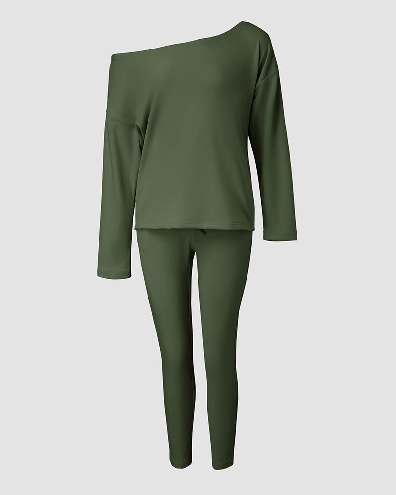 2 Pieces Outfit Long Sleeve Skew Neck Pullover Top and Drawstring Elastic Waist Slim Fit Pants Set