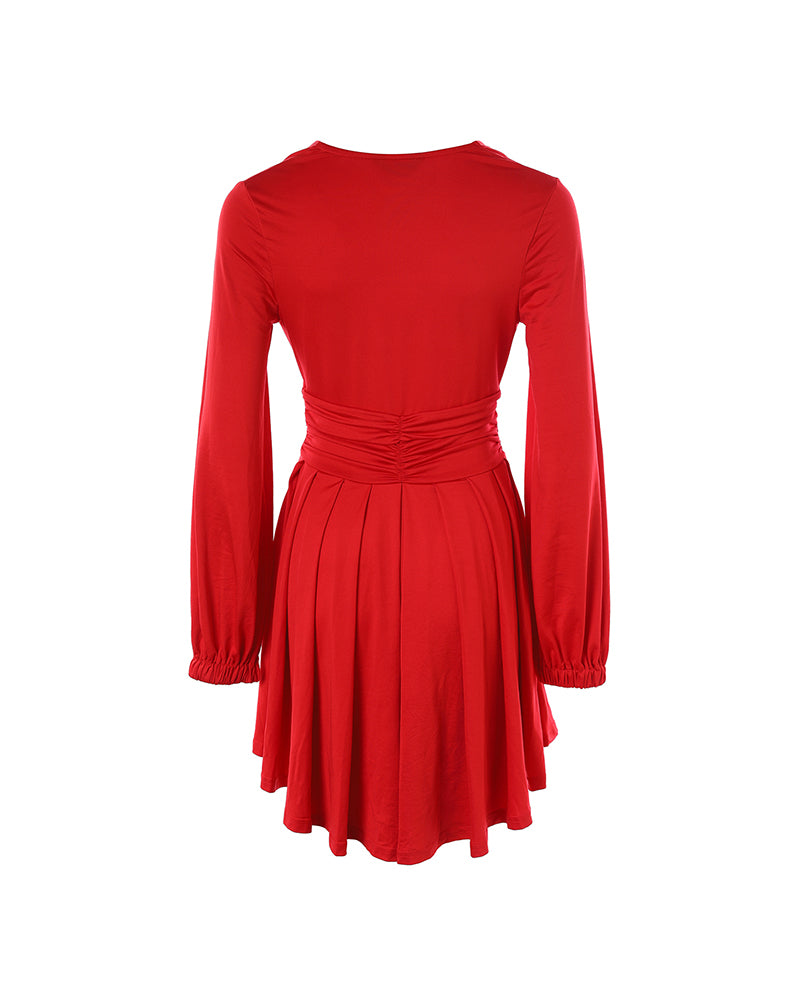 Deep V Neck Lantern Sleeve Ruched Pleated A Line Flowy Dress Single Breasted Decor Cinched Waist Party Dress