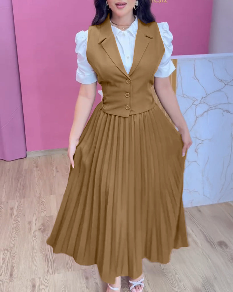 Turn-down Collar Sleeveless Button Vest and Casual Pleated Skirt Sets
