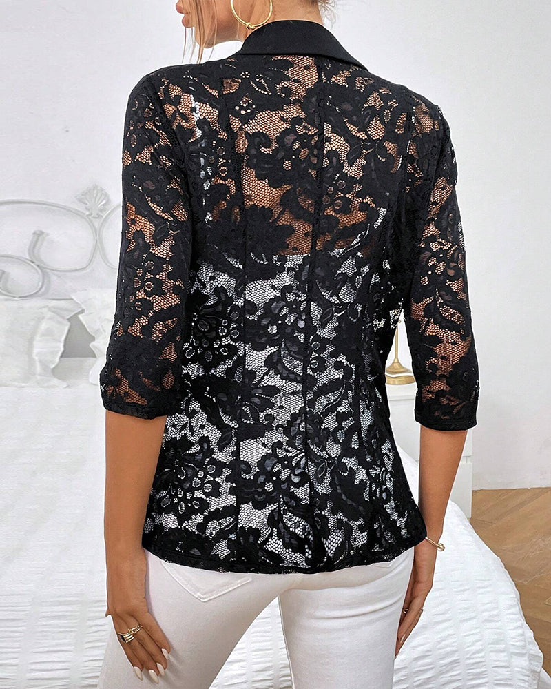 Lapel Neck Lace Patch Single Button Flap Detail Sheer Blazer Coat