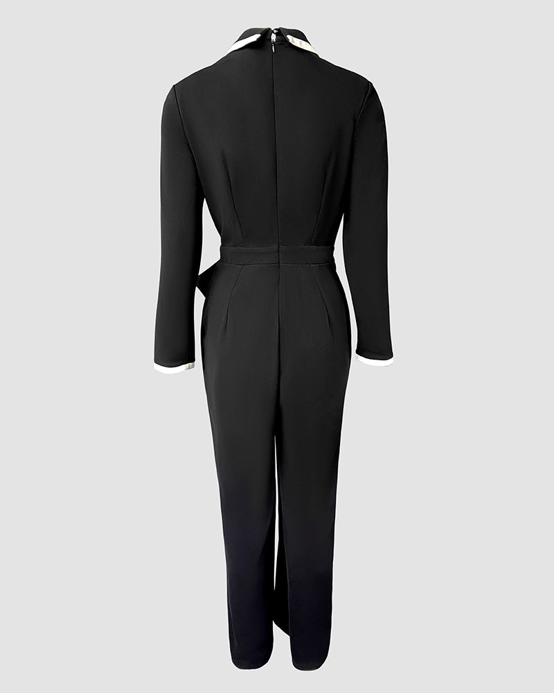 Contrast Paneled Notched Collar Padded shoulders Work Jumpsuit Casual Zipper Back Wrap Front Jumpsuit