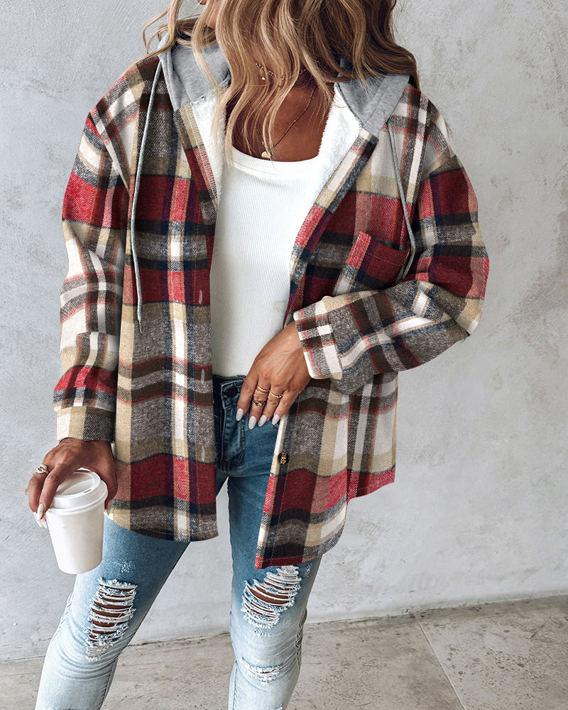 Plaid Print Long Sleeve Button Front Drawstring Hoodie Jacket Casual Pocket Design Thermal Lined Warm Coat