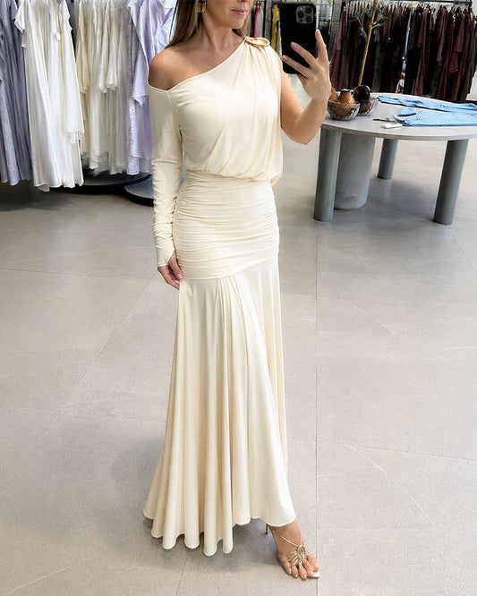 Women's One Shoulder Ruched Maxi Dress Gold Buckle Long Sleeve Evening Gown with Thumb Hole Cuffs