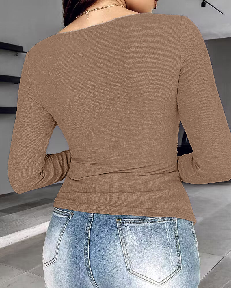 ChicMe Built-in Bra Notch Neck Long Sleeve Shirts Rib-Knit Ruched Waist Top