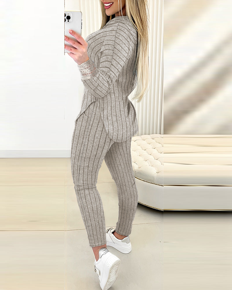 2 Pieces Outfit Drop Shoulder Lace Cuffs Asymmetrical Hem Drawstring Hoodie Top and Elastic Waist Slim Fit Pants Set Casual Brushed Ribbed Set