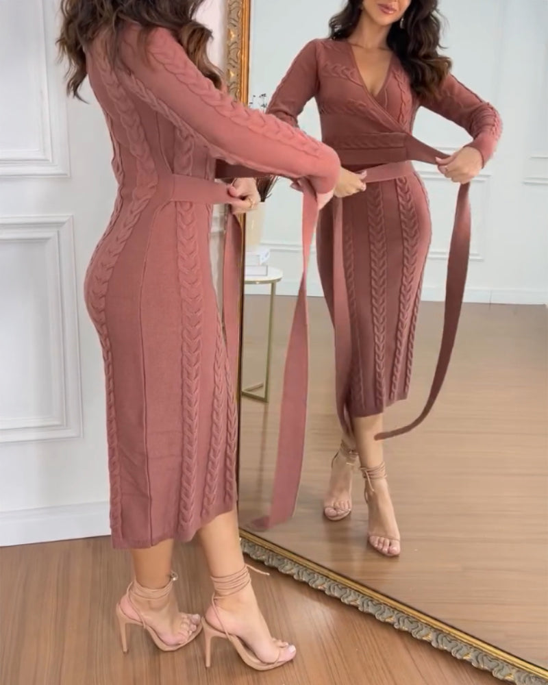 Cable Textured Overlap Deep V-Neck Long Sleeve Mid-Length Dress Tie Waist Slim Fit Knit Dress