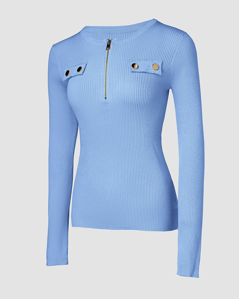 Crewneck Half Zipper Flap Detail Knit Sweater Long Sleeve Slim Fit Ribbed Pullover Top