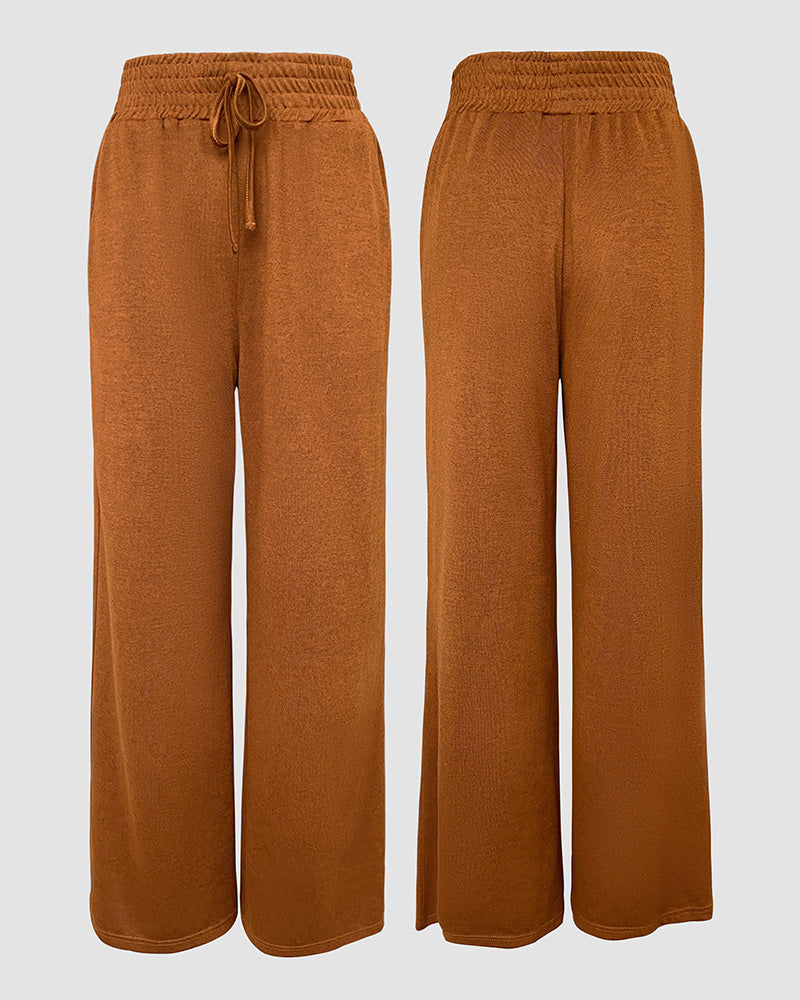 High Waist Drawstring Elastic Waist Wide Leg Casual Pants