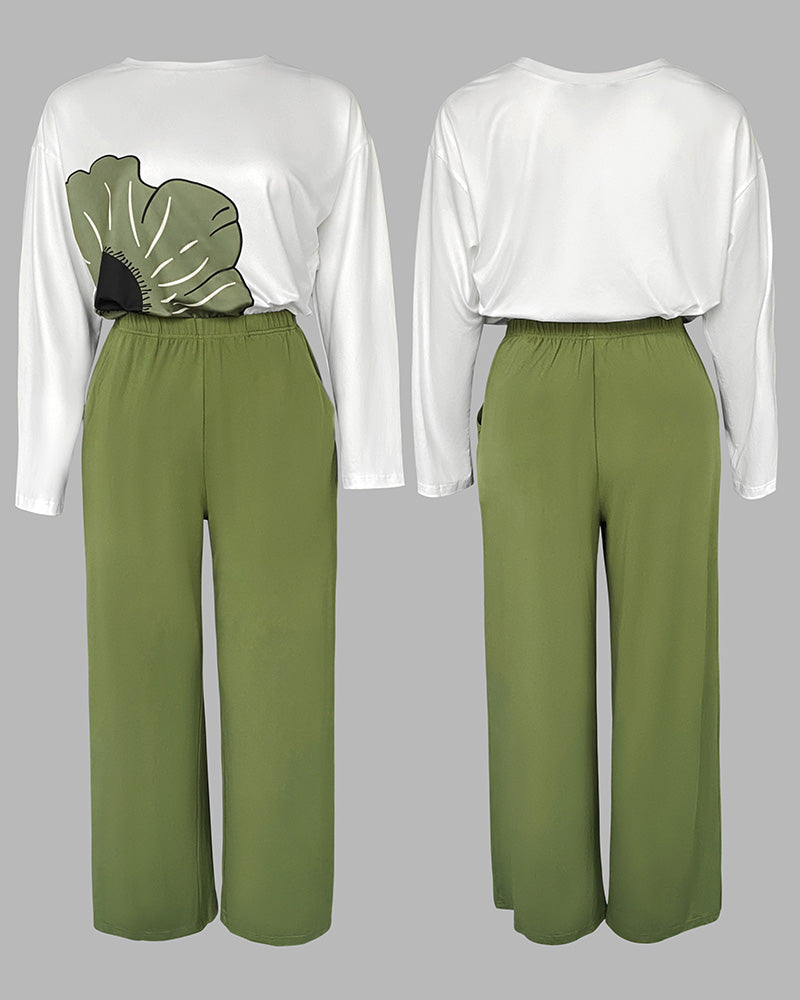 2 Pieces Outfit Floral Placement Print Long Sleeve Drop Shoulder Top and Elastic Waist Pants Set Causal Pajamas Set