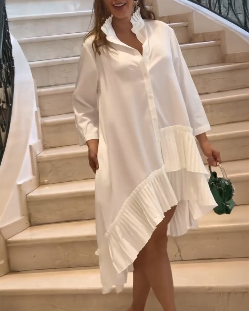 Pleated High Neck Button Down Asymmetrical Pleated Ruffle Hem Vacation Dress Casual High-Low Hem Loose Dress