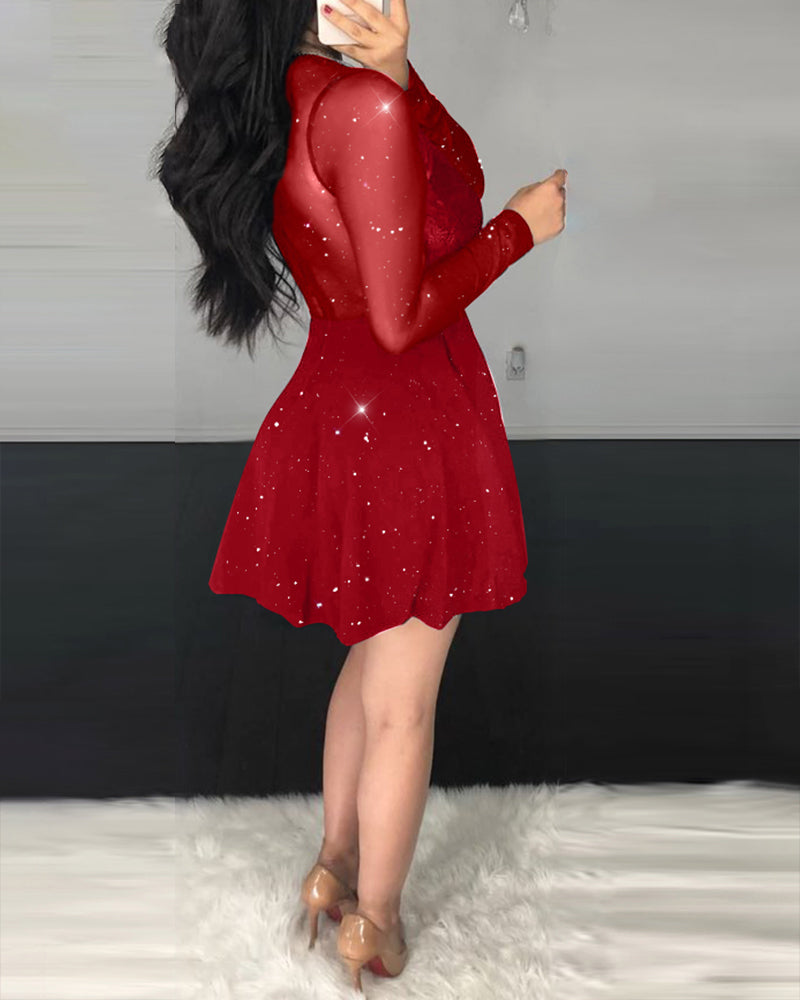Glitter Sheer Mesh See Through Contrast Lace Long Sleeve Mini Dress Deep V Neck A Line Dresses