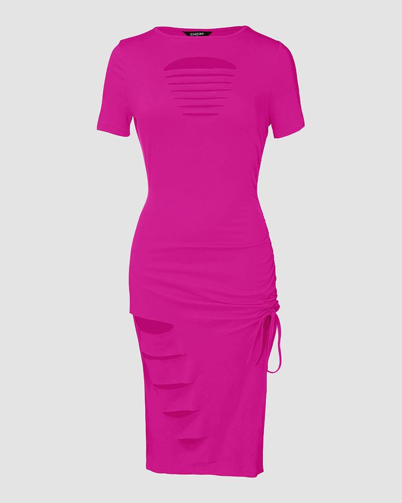 O-neck Short Sleeve Solid Color Cut-Out Ruched Drawstring Bodycon Dress with Side Slit