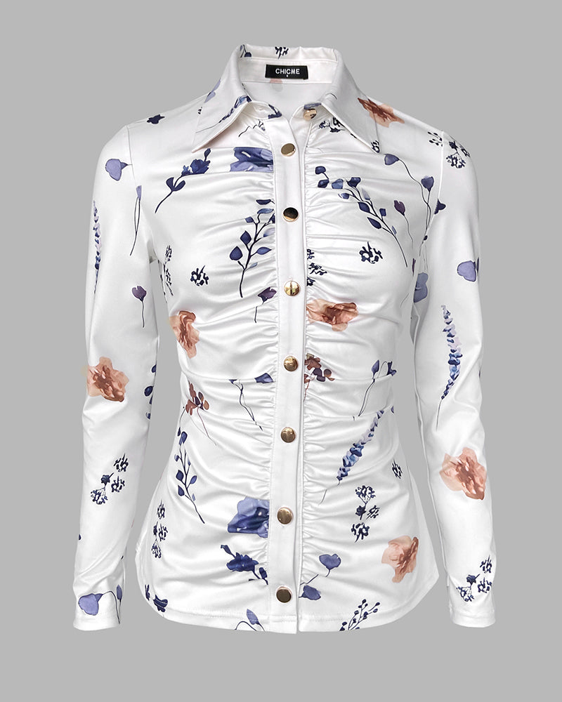 Floral Print Turn-down Collar Long Sleeve Metal Button Front Blouse Ruched Slim Fit Top