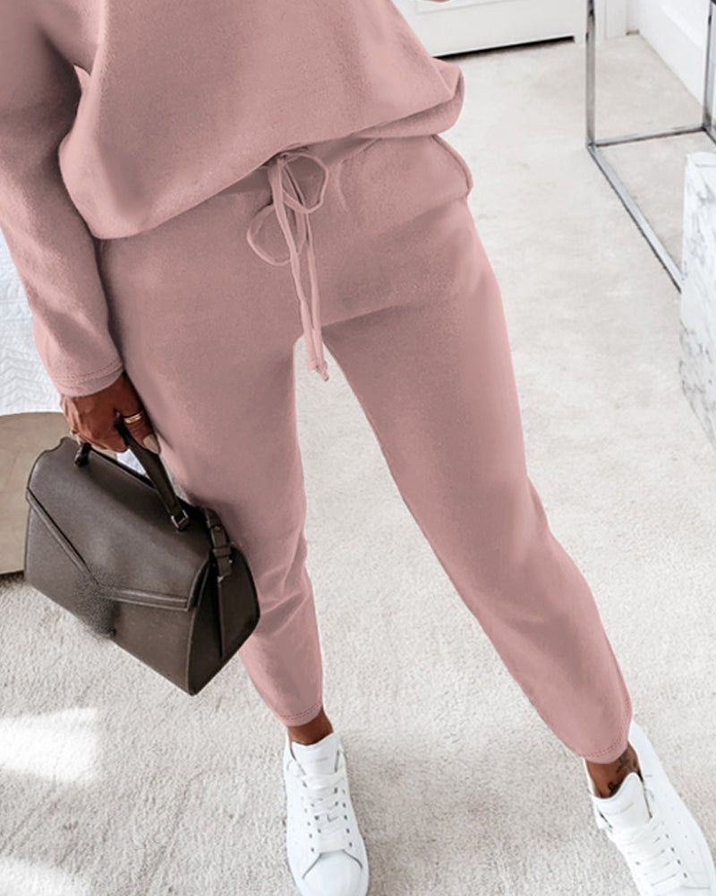 2 Pieces Outfit Long Sleeve Skew Neck Pullover Top and Drawstring Elastic Waist Slim Fit Pants Set