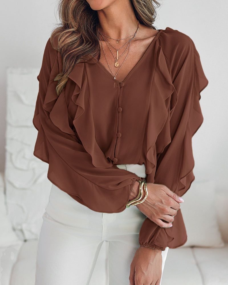 V Neck Shoulder Ruffles Design Blouse Casual Button Front Long Sleeve Top