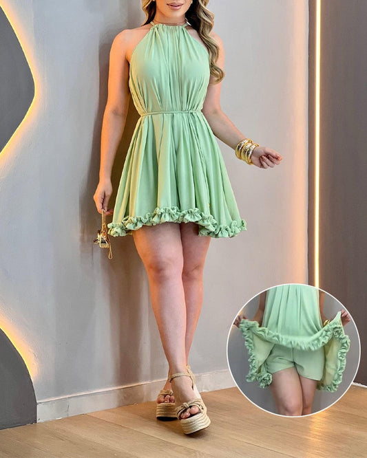 Halter Tie Sleeveless Cinched Waist Ruffle Trim Party Dress Casual Tie Waist Ruched Vacation Dress with Built-In Shorts