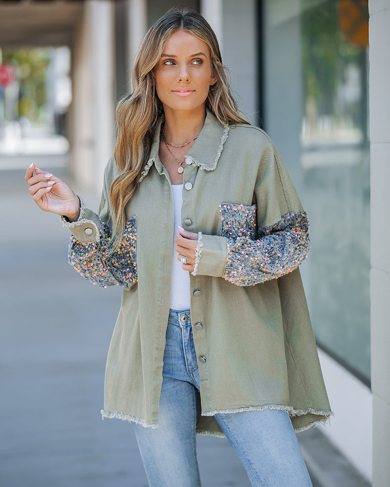 Casual Jacket Sequin Patchwork Long Sleeve Jacket Top Button Front Raw Hem Oversized Denim Shacket