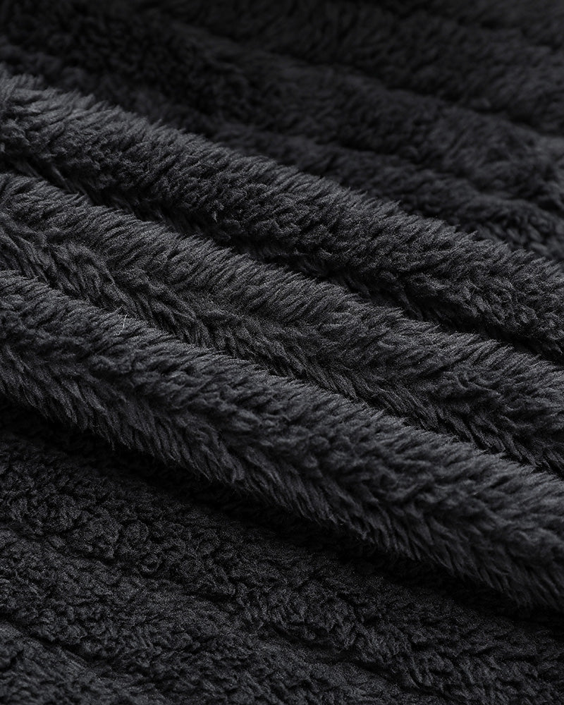 Textured Striped Turn-down Collar Button Front Elastic Cuff and Hem Teddy Fleece Jacket With Decorative Flap Pockets
