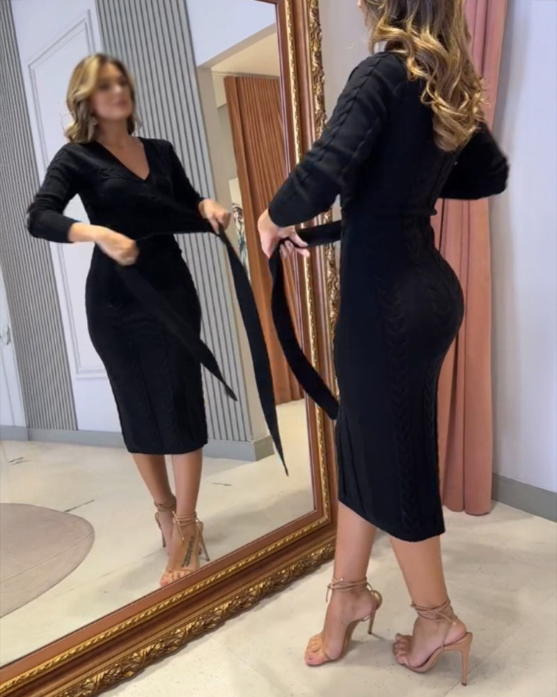 Cable Textured Overlap Deep V-Neck Long Sleeve Mid-Length Dress Tie Waist Slim Fit Knit Dress