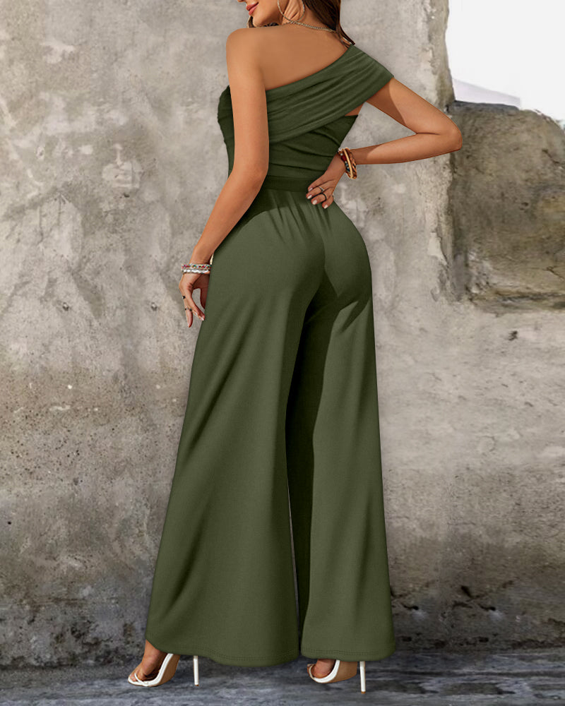 Cold Shoulder Ruched Buckle Wide Leg Jumpsuit