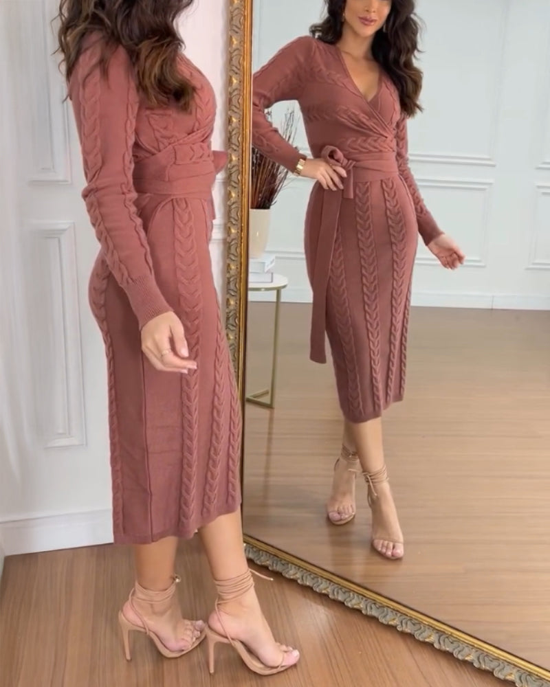 Cable Textured Overlap Deep V-Neck Long Sleeve Mid-Length Dress Tie Waist Slim Fit Knit Dress