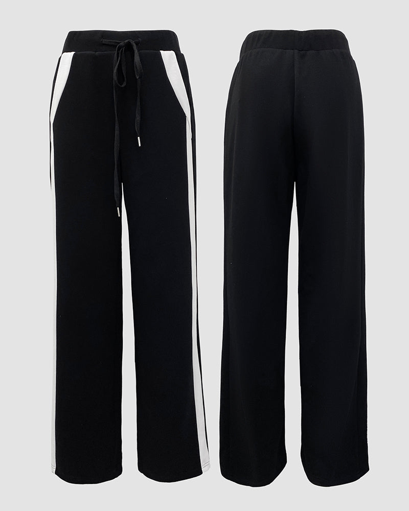 2 Pieces Outfit Half Zip Long Sleeve Top and Drawstring Elastic Waist Pants Set Casual Contrast Paneled Side Set
