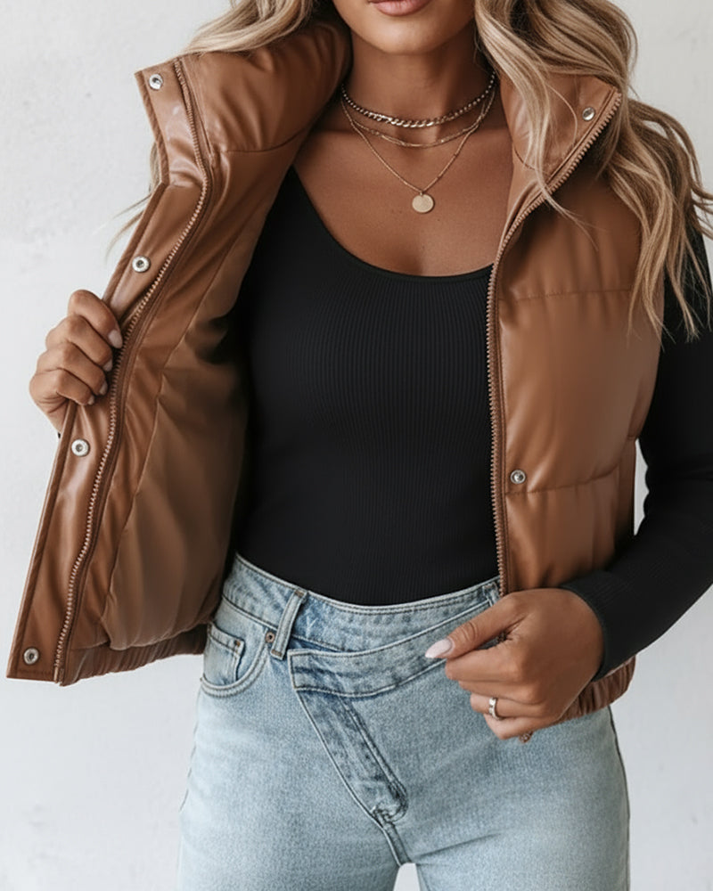 PU Leather High Neck Zip Up Double Snap Buttons Front Vest Casual Stretchy Hem Crop Padded Coat
