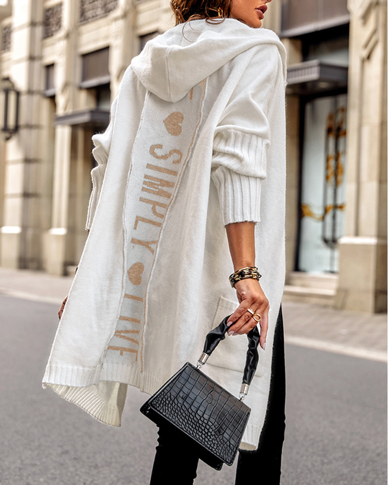 Letter Heart Pattern Long Cardigans Knitted Open Front Oversized Hooded Outerwear Sweater Coat