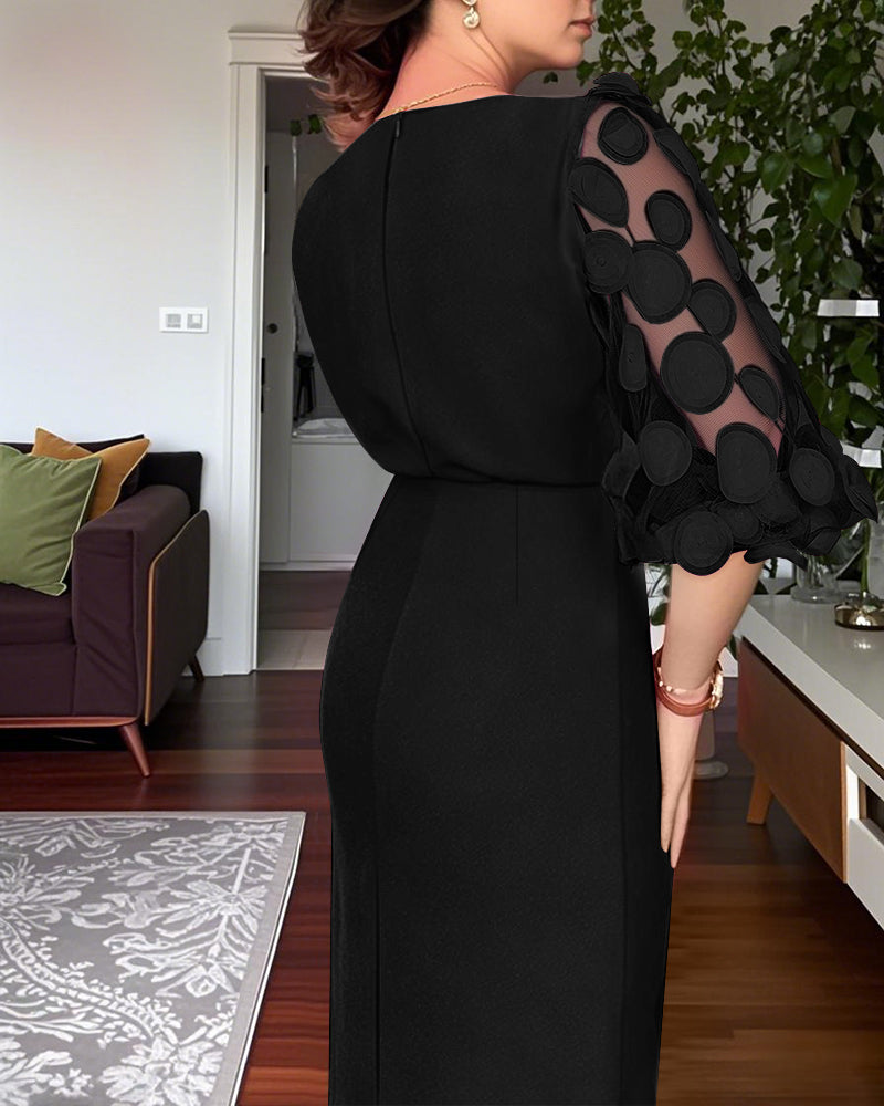 3D Polka Dot Appliques Mesh Lantern Sleeve Zipper Back Slit Work Dress Cinched Waist Slim Fit Mid-Length Dress With Belt