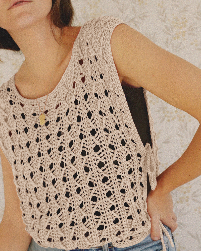 Round Neck Sleeveless Hollow-out Crochet Sweater Casual Tie Side Breathable Crop Top