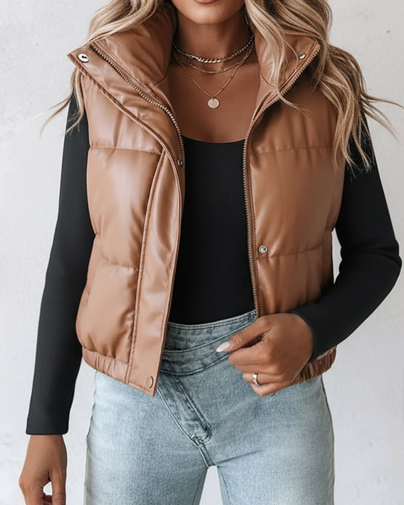 PU Leather High Neck Zip Up Double Snap Buttons Front Vest Casual Stretchy Hem Crop Padded Coat