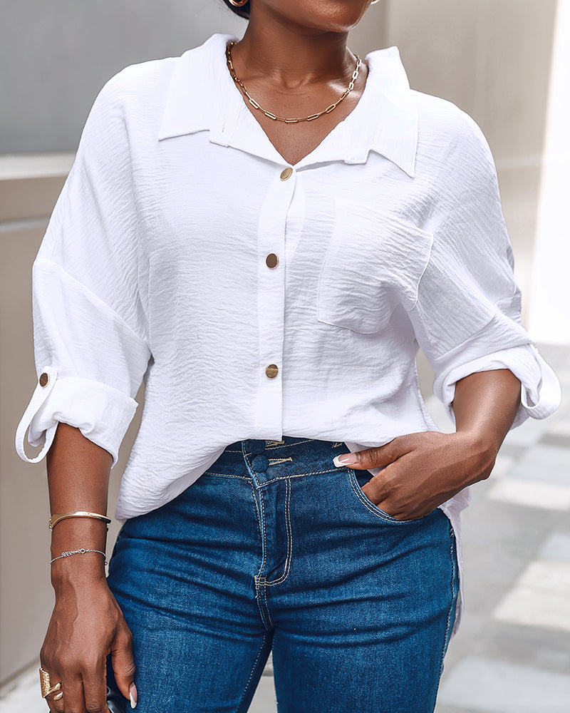 Metal Chain Decor Turn-down Collar Turn-Up Sleeves Front Button Shirt Casual Backless Asymmetrical Hem Top