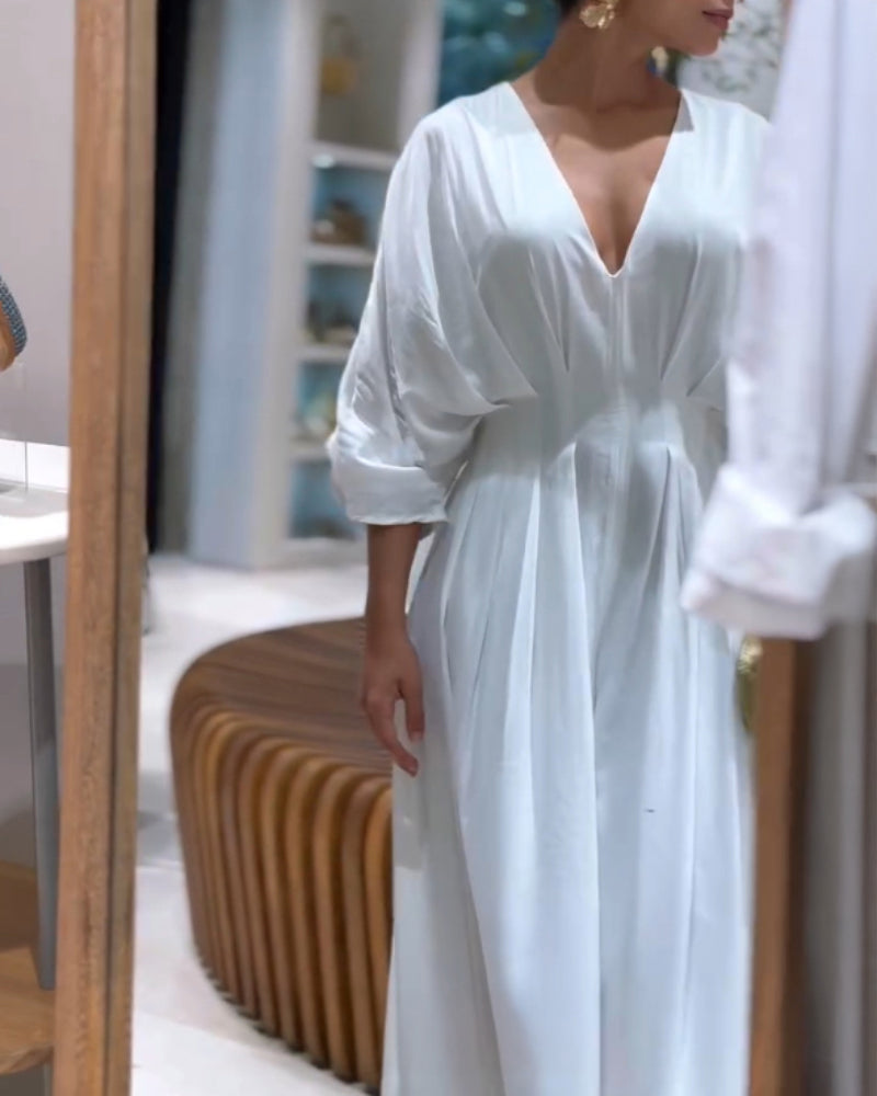 Deep V-Neck Ruched Three Quarters Sleeve Backless Overalls Casual Waist-Gathered Tied Detail Jumpsuit without Belt