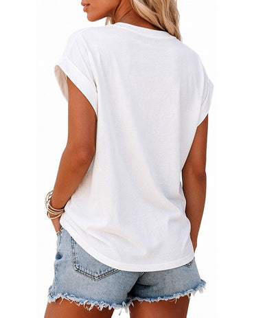 Women's Vintage Leopard Letter Tee Loose Drop Shoulder T Shirt Cap Sleeve Cuffed Casual Crewneck Top
