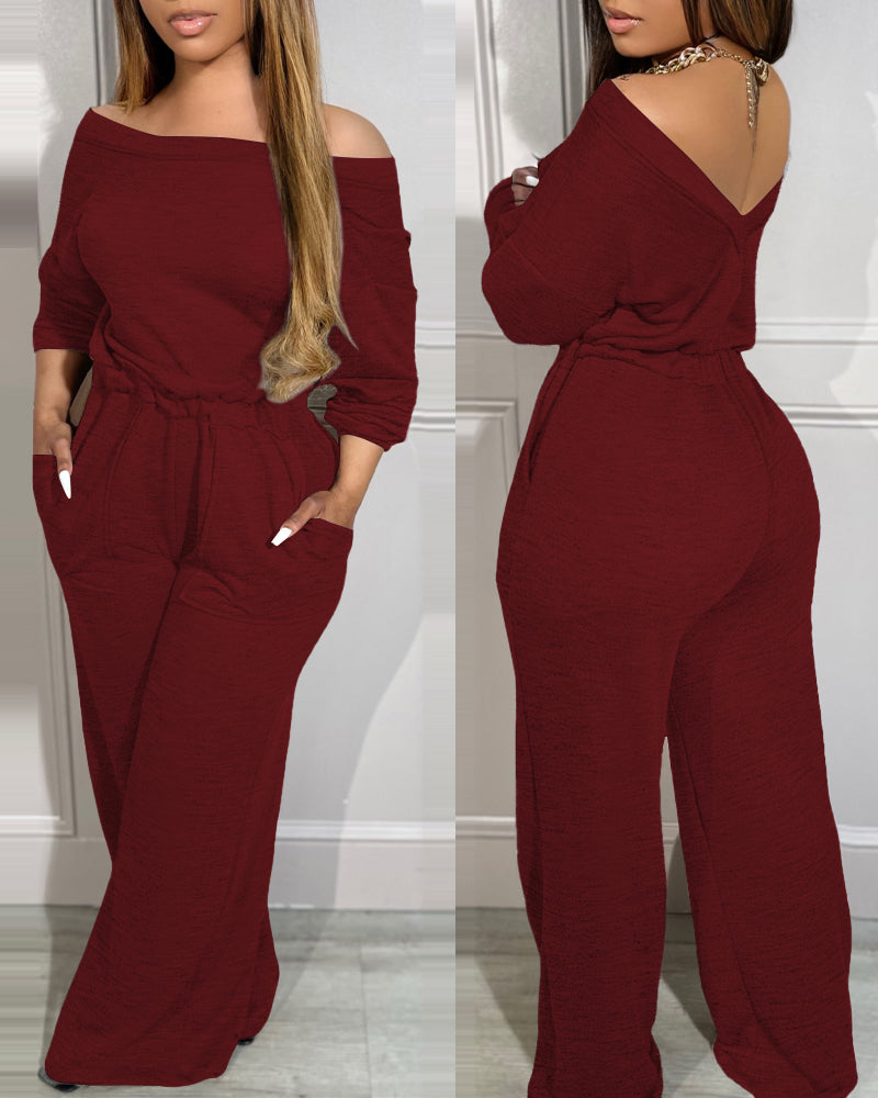 Off Shoulder V-Back Elastic Waist Pockets Design Jumpsuit Casual Drop Shoulder Cinched Waist Wide Leg Jumpsuit