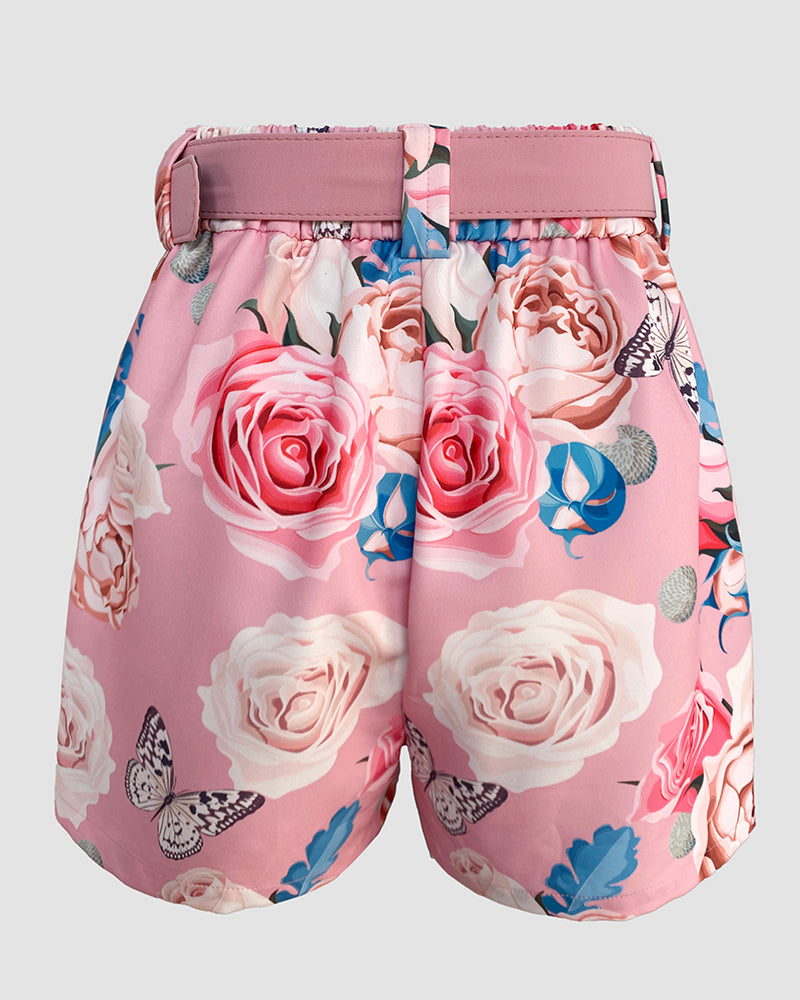 2 Pieces Outfits Notched Collar Long Sleeve Blazer Coat and Floral Print Zipper Fly Shorts Set With Belt