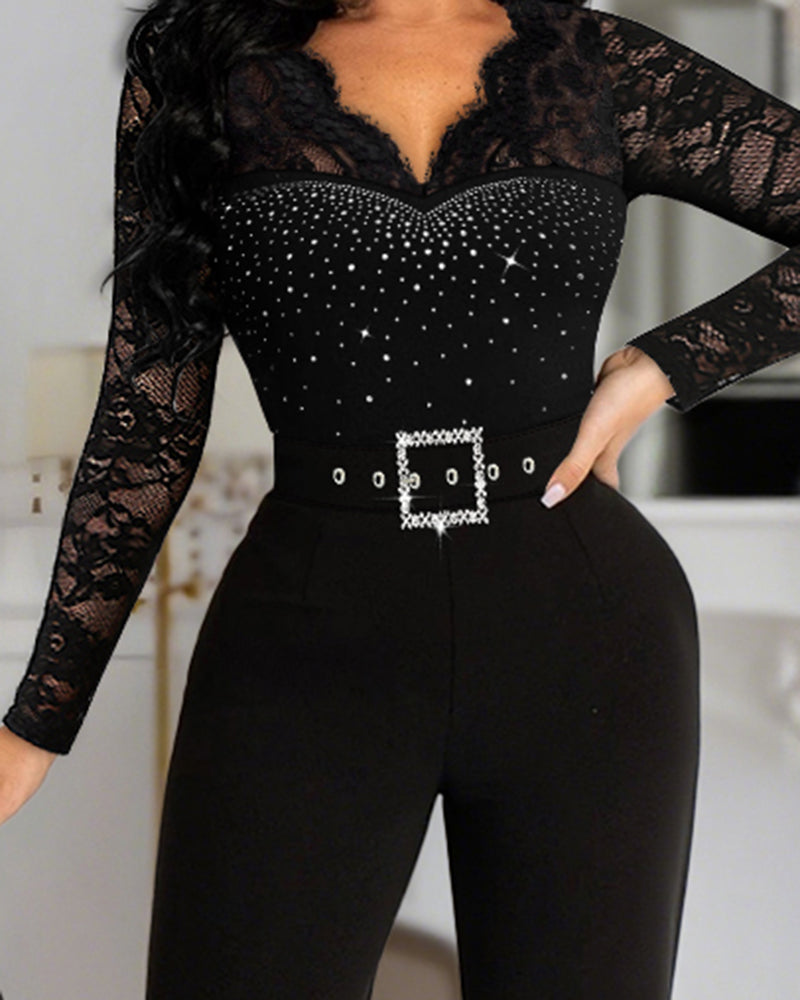 Rhinestone Decor Scallop Trim Deep V-Neck Floral Lace Spliced Overalls High Waist Zipper Back Straight Leg Jumpsuit with Belt