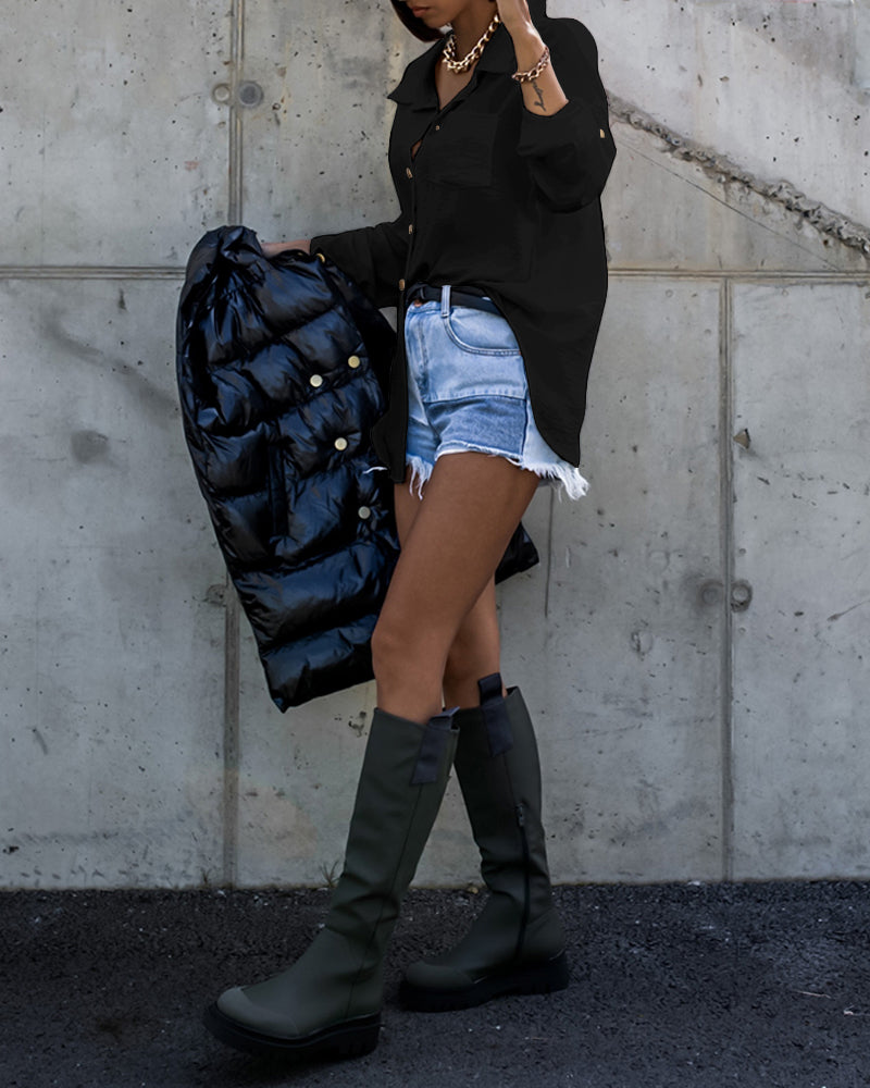 Metal Chain Decor Turn-down Collar Turn-Up Sleeves Front Button Shirt Casual Backless Asymmetrical Hem Top