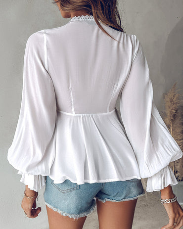 Butterfly Pattern Decor Deep V Neck Long Sleeve Blouse Casual Tie Front Flared Cuffs Lace Trim A-Line Hem Top