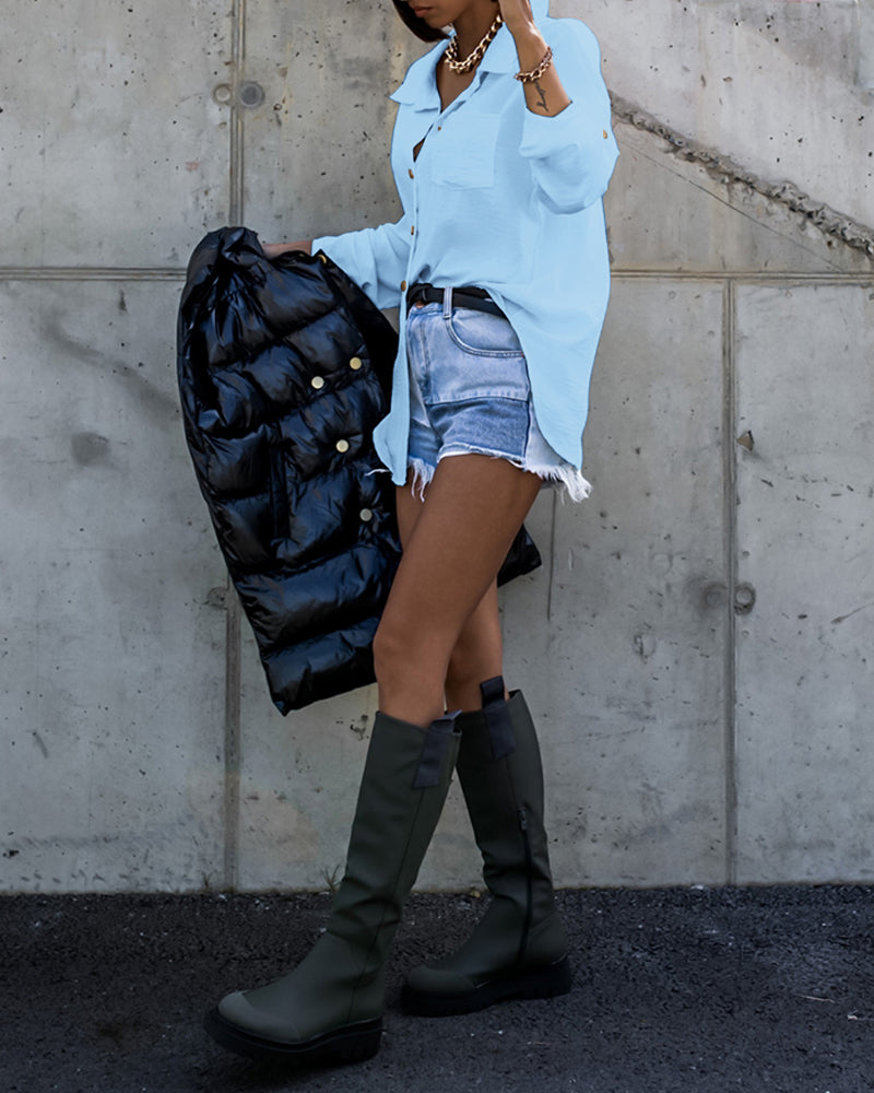 Metal Chain Decor Turn-down Collar Turn-Up Sleeves Front Button Shirt Casual Backless Asymmetrical Hem Top