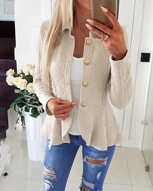 Women's Argyle Cable Knit Jacket Elegant Lapel Collar Gold Button Down Cardigan Ruffle Hem Long Sleeve Coat