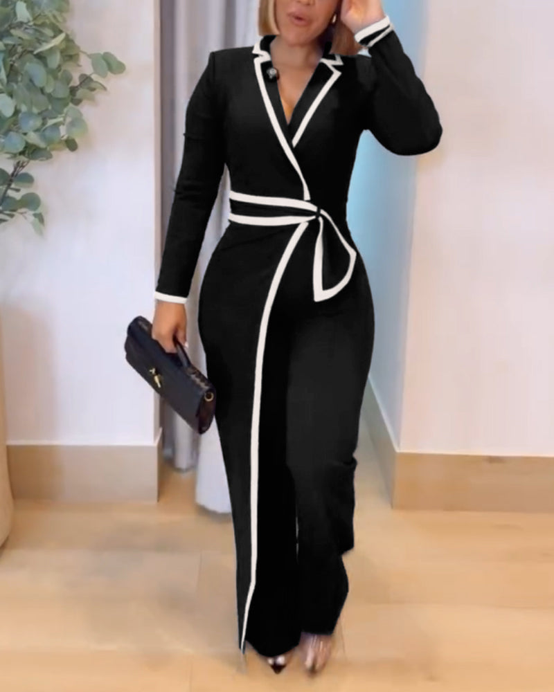 Contrast Paneled Notched Collar Padded shoulders Work Jumpsuit Casual Zipper Back Wrap Front Jumpsuit