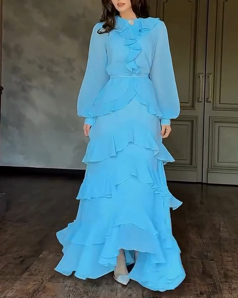French Style Rhinestone Decor Ruffles Round Neck Lantern Sleeve Asymmetrical Hem Dress Zipper Back Layered Ruffle Hem Chiffon Evening Dress with Belt