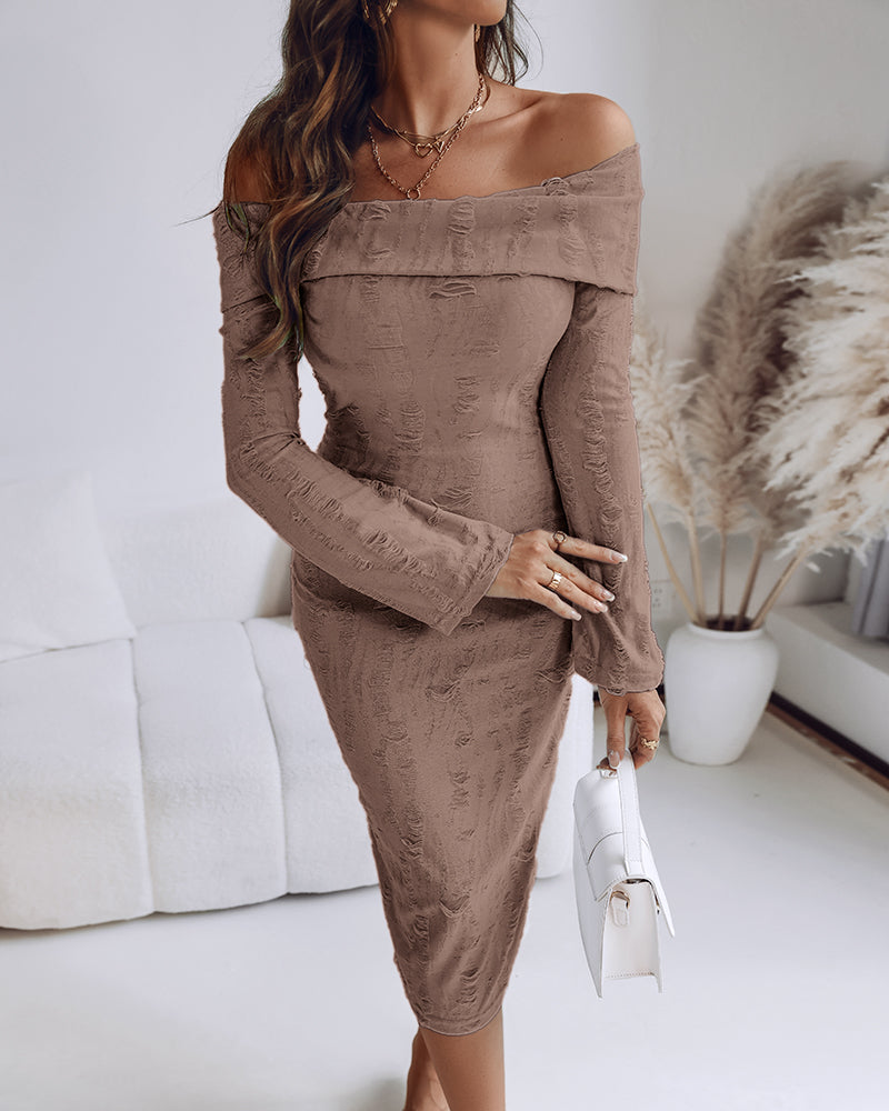 Off Shoulder Long Sleeve Hollow Out Knit Dress Casual Slim Fit Midi Sweater Dress