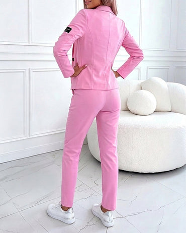 Women's 2 Piece Outfits Single Breasted Blazer and Tapered Pants Set Casual Commuting Set with Pockets