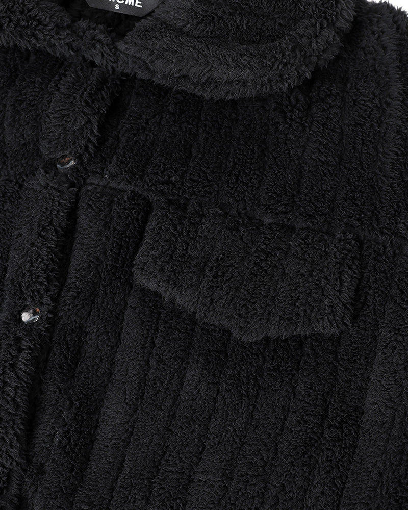 Textured Striped Turn-down Collar Button Front Elastic Cuff and Hem Teddy Fleece Jacket With Decorative Flap Pockets