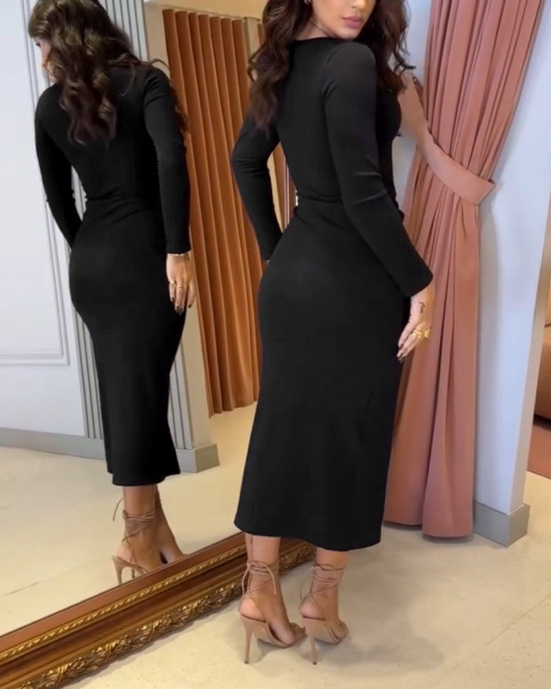 Metal Ring Decor Wrapped Slit Ribbed Commuting Dress Cinched Waist Slim Fit Mid-Length Dress