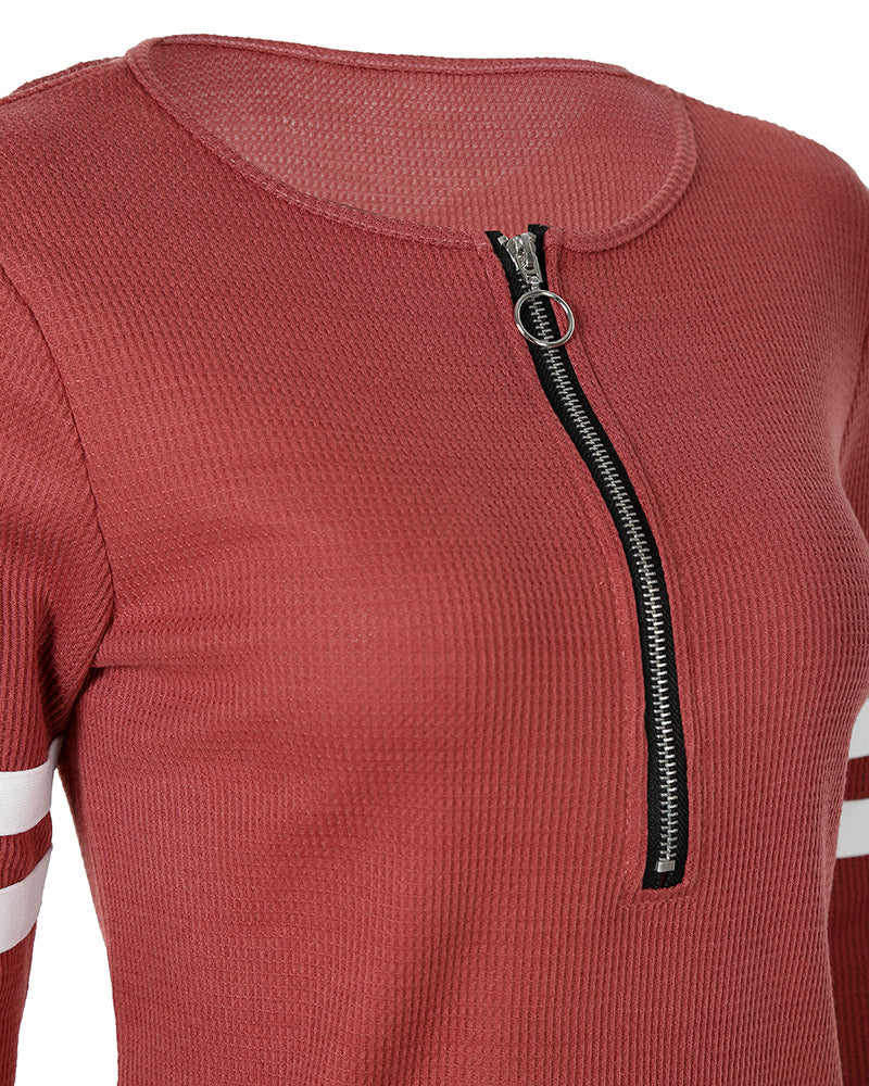 Striped Print Zipper Front Long Sleeve Top Waffle Knit Loose Fitting Tunic Tops