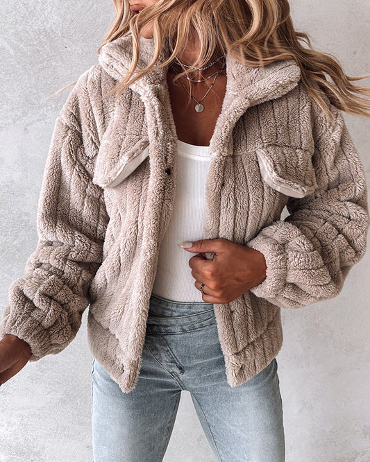 Textured Striped Turn-down Collar Button Front Elastic Cuff and Hem Teddy Fleece Jacket With Decorative Flap Pockets